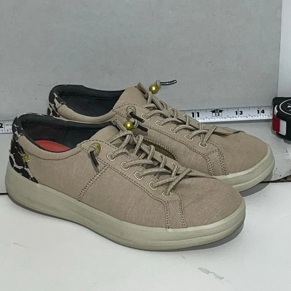 Hey Dude Womens Beige Tan Canvas Leopard Karina Classic‎ Sneaker Shoes Size 7